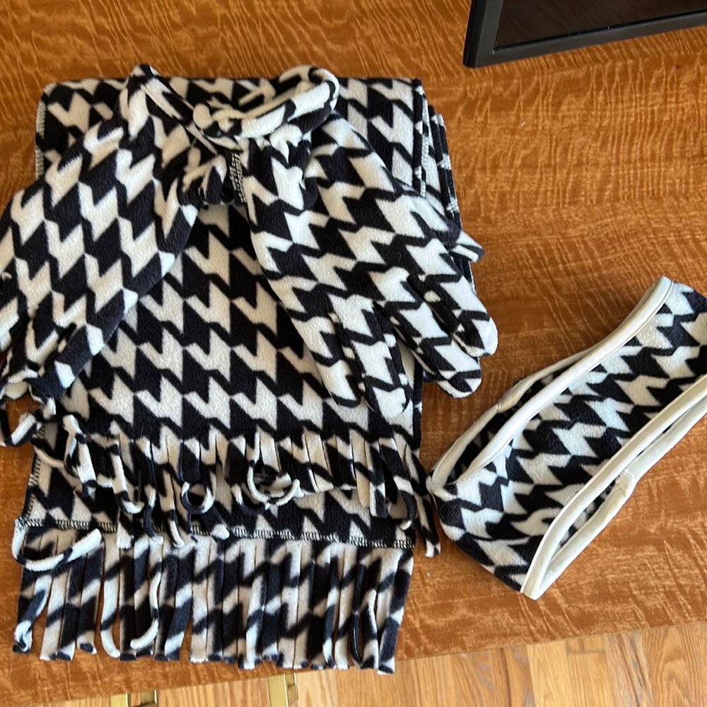 Three piece cold weather scarf gloves and headband
